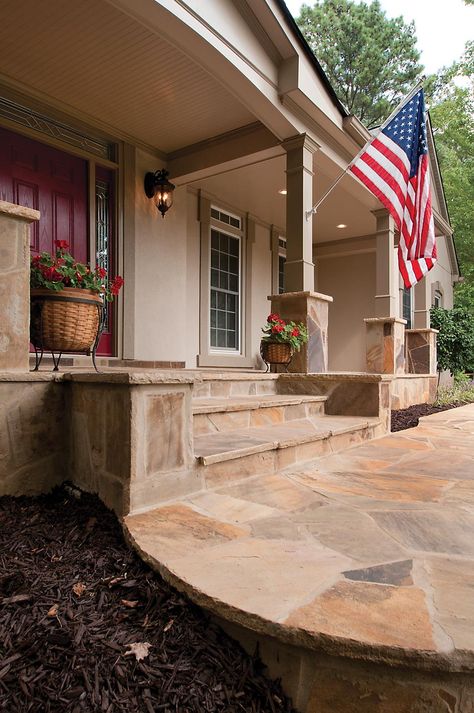 Hardscape sidewalk and steps for a new front porch. Designed and built by Georgia Front Porch. Front Entry Walkway Landscaping, Cascading Front Porch Steps, Doorstep Ideas, Home Door Ideas, Front Steps Ideas, Slate Steps, Porch Roofs, Sidewalk Ideas, New Front Porch