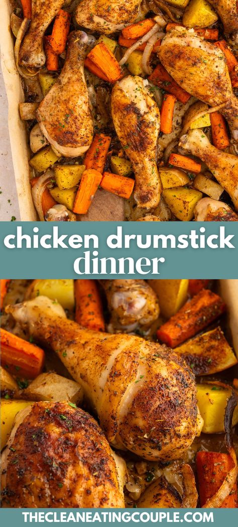 A delicious Chicken Drumstick Dinner that's packed with flavor! Baked on one sheet pan with veggies like potatoes and carrots, it's easy to clean up and loaded with protein. Sheet Pan Chicken Drumsticks And Veggies, Chicken Potato And Carrots, Chicken Legs And Potatoes In Oven, Recipes With Drumsticks, Drumstick Dinner Ideas, Chicken Drumstick Dinner, Drumstick Chicken Recipes Oven, Chicken Drumsticks And Potatoes, Drumsticks And Potatoes