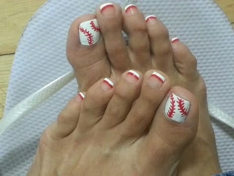 Definitely baseball season. My nail tech did a wonderful job! Go Reds! Baseball Nail Designs, Sport Nails, Baseball Nails, Sports Nails, Pedicure Ideas, Baseball Stuff, Pedicure Designs, Finger Nails, Nail Beauty