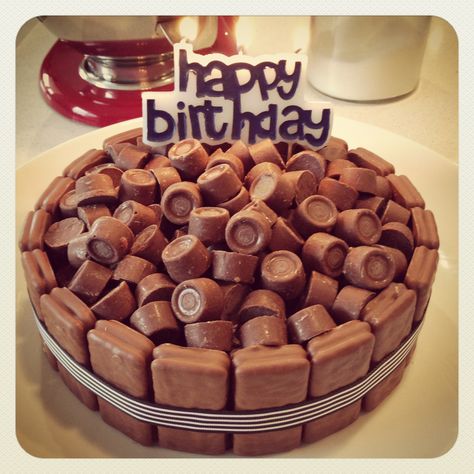 Chocolate Birthday cake with Tim Tams and Rolos Rolo Chocolate, Tim Tams, Chocolate Birthday Cake, Tim Tam, Chocolate Cake Decoration, Birthday Cake Chocolate, Bday Cake, Cake Ideas, Seafood Recipes