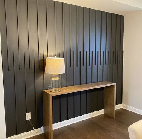 Dark Wall With Wood Accent, Linear Accent Wall, Vertical Feature Wall, 1x1 Wood Accent Wall, Accent Wall Vertical Wood, Dark Green Slat Wall, Wood Slat Accent Wall Green, 1x2 Accent Wall, Vertical Wood Accent Wall