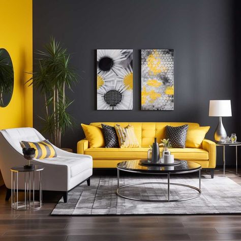 Yellow Livingroomideas, Living Room Ideas Yellow, Room Ideas Yellow, Yellow Living Room Decor, Palm Springs Kitchen, Grey And Yellow Living Room, Yellow Decor Living Room, Sofa Living Room Ideas, Decor Color Palette