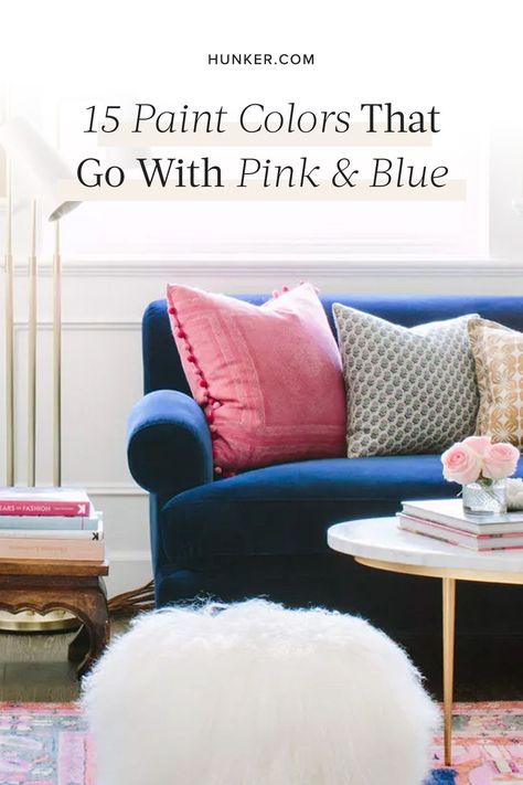 Here are some of our favorite hues to pair with the playful duo of pink and blue. #hunkerhome #homedecor #homedecorideas #homecolorideas Blue And Pink Living Room Decor, Pink Living Room Decor, Navy Sofa, Blue Bench, Cinder Block Walls, Navy Blue Walls, Luxe Bedroom, Minimalist Dining Room, Pink Palette