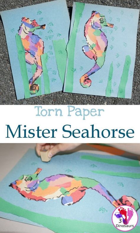 Fun Craft for Mister Seahorse - torn paper craft for a great ocean theme - http://3Dinosaurs.com Babies Activities, Seahorse Crafts, Preschool Art Projects, Ocean Unit, Kids Origami, Art Elements, Preschool Arts And Crafts, Sea Crafts, Easy Art Projects