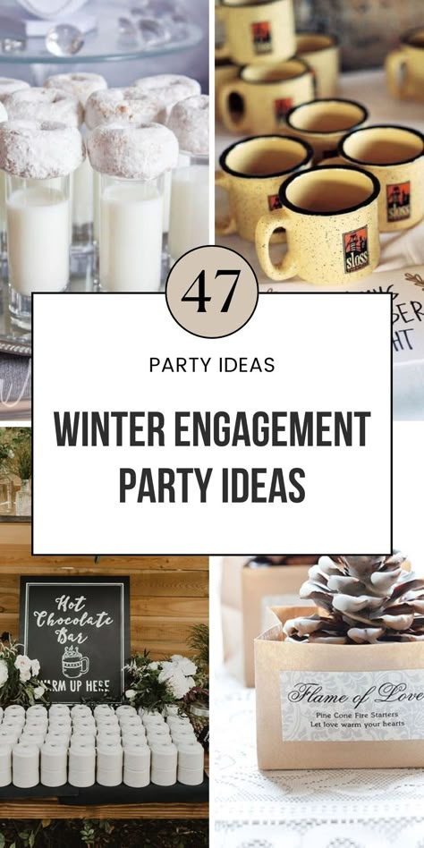 Plan the perfect winter engagement party with these ideas! From simple decorations to frosty themes, get inspired for your January or Christmas party. Whether it’s rustic or glamorous, you'll find all the decor and theme tips you need. Save this pin for more winter engagement inspiration! Christmas Themed Engagement Party Ideas, Blue Theme Engagement Party, Winter Themed Rehearsal Dinner, Winter Themed Bridal Shower Decor, Hosting Engagement Party At Home, Cozy Winter Party Ideas, Winter Couples Shower Ideas, January Wedding Shower Ideas, Ideas For Engagement Party At Home