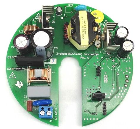 The Brushless DC (BLDC) ceiling fan controller with sensorless sinusoidal current control design runs from AC power and can convert 90-265 VAC into 24 VDC. In the ceiling fan segment, single-phase induction motors have traditionally dominated due to their ability to run directly from commonly available power sources in homes/offices. However, these motors are known […] The post Reference Design For BLDC Fan Controller With Current Control appeared first on Electronics For You. Ac Fan, Printed Circuit Board, Electronics Design, Design Guide, Fan Speed, Ac Power, Electronics Projects, Circuit Board, Energy Efficiency