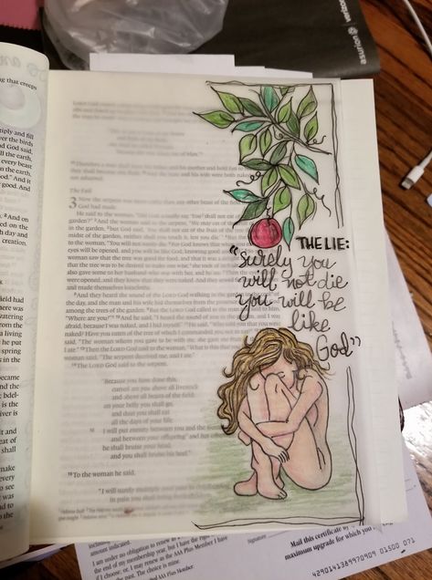 Genesis 3:1-7 done by Susan Edwards 4/2/2018. The Lie: and the doubt that caused her to sin. I did this on vellum paper and color pencils using Gamsol to blend the colors. Loved the way it turned out. ;0) Genesis 1 1 Art Journaling, Genesis Bible Drawing, Bible Art Genesis, Genesis Bible Art, Bible Journaling Genesis 1:1, Genesis 2 Bible Journaling, Genesis 3 Bible Journaling, Genesis Drawing, Genesis 1 Bible Journaling