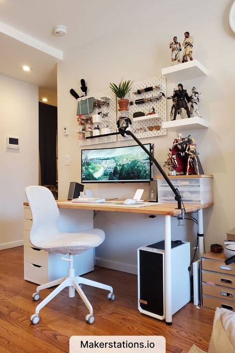 Japandi WFH Desk Setup Japandi Office Design, Ikea Workspace, Japandi Office, Minimalism Scandinavian, Ikea Home Office, Rooftop Apartment, Japandi Interiors, Scandinavian Desk, Ikea Desk