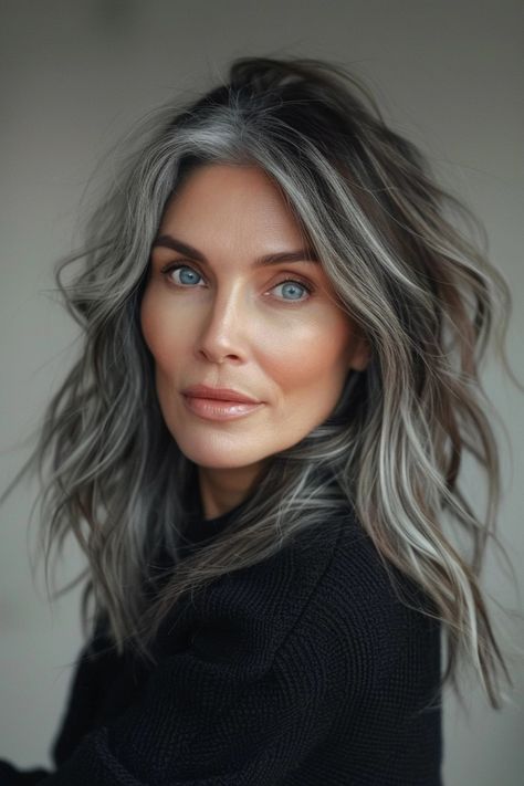 Hair Color That Blends Well With Gray, Balayage With Grey Hair, Grey Hair With White Highlights, Asian Grey Hair Balayage, Growing Out Blonde Hair Roots Natural, Gray Hair Makeup Looks, Grey Hair Blending Ideas Brunette, Grey Balayage Brunettes, Brunette Silver Balayage