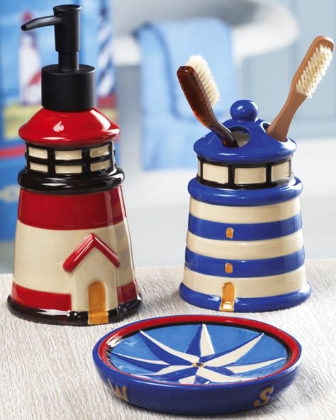 Lighthouse Bathroom Decor | Lighthouse Nautical Bath Accessory Set Lighthouse Bathroom Decor, Bathroom Sets Bath Accessories, Lighthouse Bathroom, Diy Nautical Decor, Nautical Bath, Lighthouse Decor, Nautical Bathroom Decor, Themed Bathroom, Nautical Bathrooms