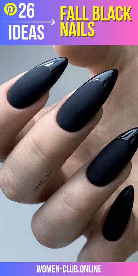 Black And White Nails 2023, Matte And Shiny Black Nails, Dark Almond Acrylic Nails, Black Almond Nails Designs Simple, Fall Nail Designs Autumn Classy Almond, Dark Fall Nails Designs, Black Nails With Silver Glitter, Black And White Almond Nails, Fall Black Nails