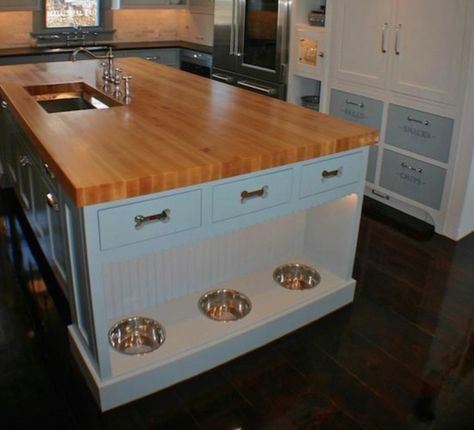 Dog bowls built into kitchen cabinets Built In Dog Bed, Artisan Kitchen, Eclectic Kitchen, Dog Rooms, Stainless Steel Appliances, White Cabinets, Built Ins, Dream Kitchen, 인테리어 디자인