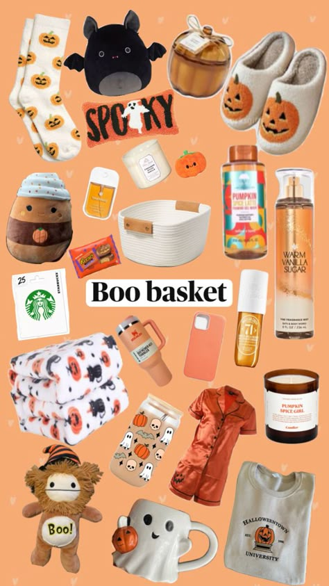 Cute boo basket for halloween/fall #fall #autumn #Halloween #basket #gifts #squishmallow #stanley #giftbasket #viral #fyp Gift Baskets Halloween, Boo Pal Gift Ideas, Spookie Basket For Friends, Boo Basket List Ideas, Small Halloween Gifts For Friends, Boo Basket Themes, Boo Basket Photos, Halloween Birthday Presents, Basket Themed Gifts