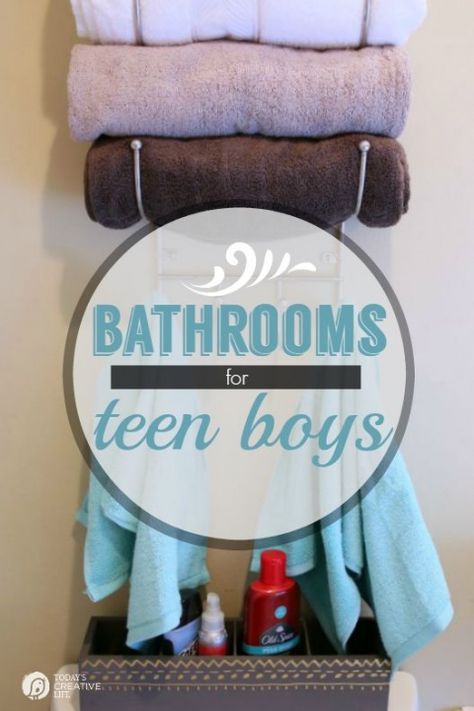 Designing a Bathroom for Teen Boys | Create a bathroom to meet both your needs. See more on TodaysCreativeLife.com Boy Bathroom Ideas, Teen Basement, Designing A Bathroom, Boys Bathroom Decor, Cool Bedrooms For Boys, Teen Bathrooms, Acnh Basement