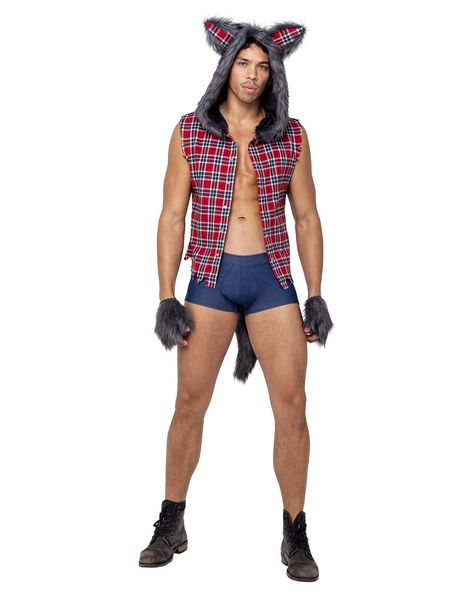 Full Moon Werewolf, Werewolf Costume, Plaid Print Shirt, Wolf Costume, Corset Costumes, Pirate Costume, Hooded Vest, Super Hero Costumes, Fur Hood