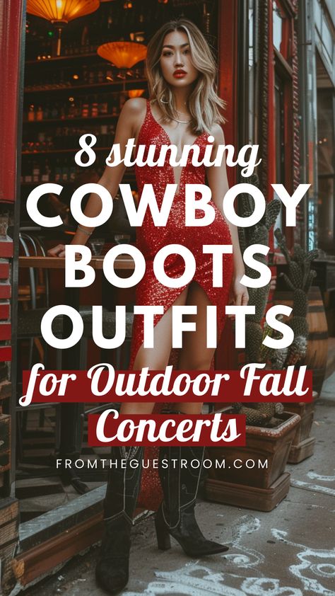 a woman wears cowboy boots for outdoor fall concert, western outfits Cowboy Boots Outfit For Concert, Country Concert Outfit In Winter, Classy Cowgirl Outfits Party, Flannel Shirt Cowboy Boots Outfit, Tshirt Jeans Cowboy Boots Outfit, Nashville Outfit Ideas Fall, Over The Knee Western Boot Outfit, October Country Concert Outfit, Cowgirl Concert Outfits Winter