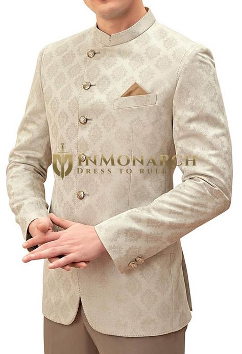 Mens designer beige wedding 6 button Mandarin jacket made in polyester jacquard fabric. Perfect For Weddings, Proms, Cruises, or Any Occasion!. Jodhpuri Suits For Men Wedding, Men Wedding Sherwani, Wedding Sherwani For Groom, Coat Pant For Men, Indian Wedding Suits Men, Suit For Men Wedding, Gents Shirts, Jodhpuri Suits For Men, Sherwani For Men Wedding