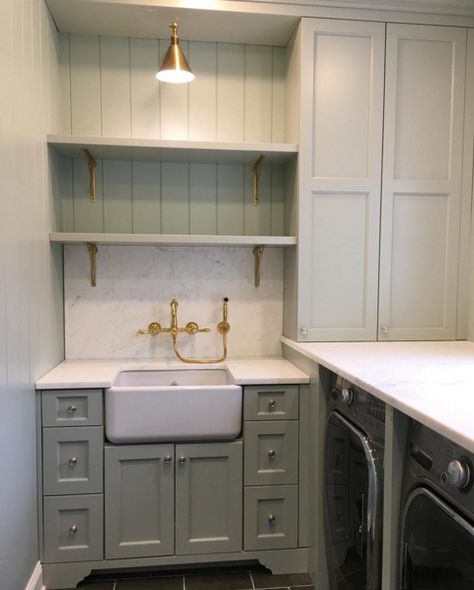 Urban Grace Interiors on Instagram | Laundry Room Laundry Room Storage Shelves, Laundry Room/mud Room, Vintage Laundry Room, Small Laundry Room Organization, Room Storage Diy, Shelves Ideas, Basement Laundry, Laundry Room Sink, Mudroom Laundry Room