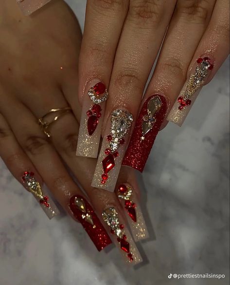 Nails For Quinceanera, Sweet 16 Nails, Cute Red Nails, Burgundy Acrylic Nails, Quince Nails, Quinceanera Nails, Red And Gold Nails, Red Acrylic Nails, Long Square Acrylic Nails