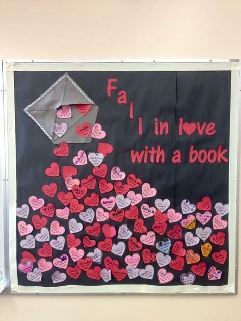 50+ Valentines day decorations for classroom to make kids feel like feel like the heart-eye emoji - Hike n Dip Fall In Love With Books Bulletin Board, Fall In Love With A Good Book Bulletin Board, School Reading Display, Love Your Library Bulletin Board, Valentine Bulletin Boards For Library, February Bulletin Board Ideas For School Library Displays, Valentine Library Bulletin Boards, Valentine’s Day Library Bulletin Board, February Book Displays Libraries