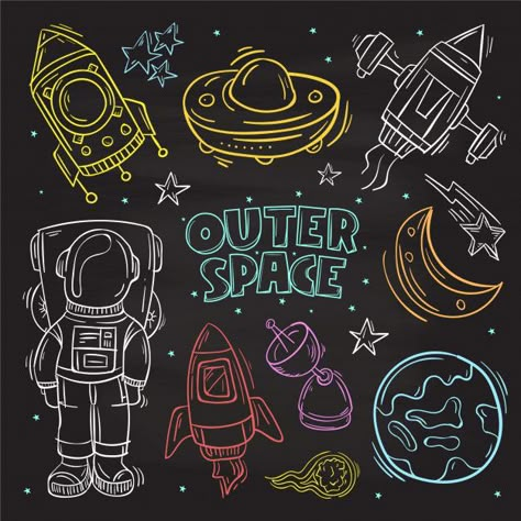 Outer Space Chalkboard Art, Sbar Nursing, Outer Space Design, Doodle Elements, Astronaut Drawing, Wall Paint Patterns, Space Doodles, Blackboard Art, Alien Drawings