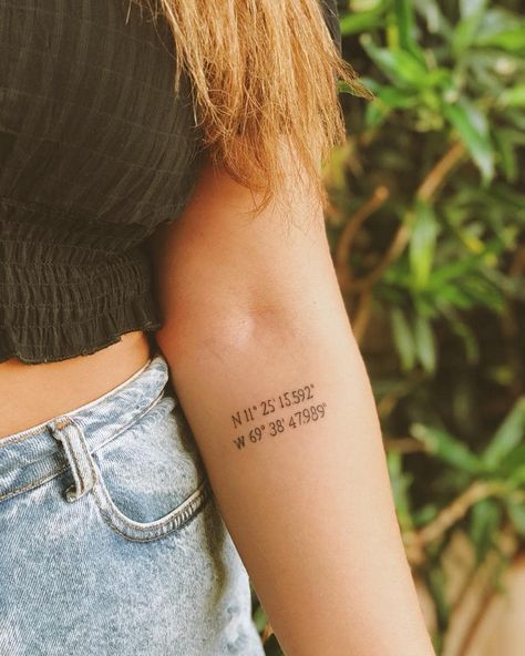 Coordinate tattoos are taking over Instagram — and for good reason. They're delicate, unique, and meaningful without looking totally basic. University Tattoo Ideas, Coordinate Tattoo Placement, Coordinates Tattoo Placement Arm, Coordinates Tattoo Wrist, Cordnites Tattoo, Thats Life Tattoo, Coordinate Tattoos For Women, Coordinate Tattoo Ideas For Women, Coordinated Tattoos