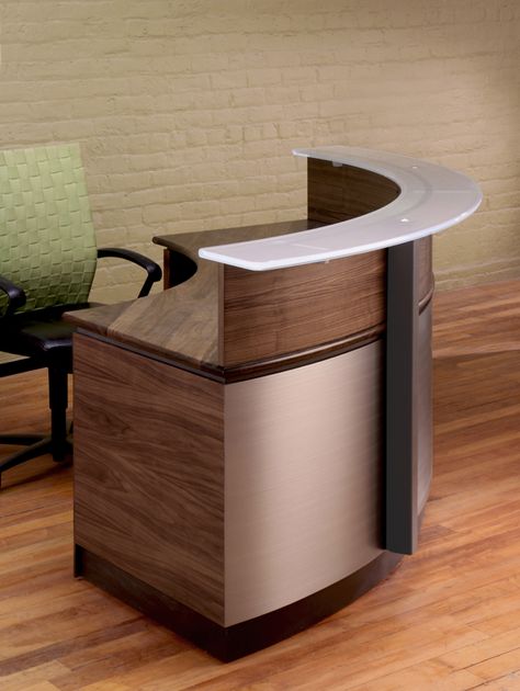 Wrap around Reception Desk | Modern Wood and Glass Reception Desk | Stoneline Designs Tall Reception Desk, Glass Reception Desk, Circular Reception Desk, Glass Reception, Farmhouse Shelving, Concierge Desk, Modern Wood Desk, Curved Reception Desk, Office Reception Design