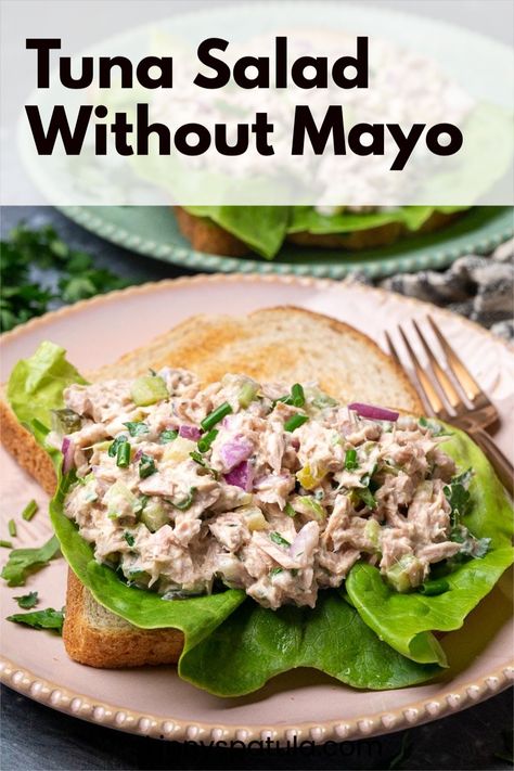 This light, healthy tuna salad without mayo has less fat and calories, yet it's still super flavorful. With crunchy celery and pickles plus creamy Greek yogurt, this tuna salad comes together in just 10 minutes for a quick and delicious lunch.5 Tuna Salad Without Mayo, Tuna Salad No Mayo, Tuna Fish Salad, Tuna Salad Recipe Healthy, How To Make Tuna, Salad Appetizer Cups, Healthy Tuna Salad, Tuna Salad Sandwich, Tuna Salad Pasta