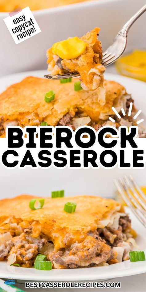 This spot-on copycat Bierock casserole replicates the filled savory yeast dough pocket sandwich famously found in the Midwest by wrapping seasoned ground beef and cabbage filling mixture conveniently in egg roll wrappers then baking to golden perfection ready slice up and serve just like the filled sandwich fair favorite. Copycat recipe, Bierock Casserole Recipe, Bierock Casserole. Easy Bierocks Recipe, Bierock Casserole, Bierocks Casserole Recipe, Easter Casserole Recipes, Bierocks Recipe Easy, Easter Casserole, Runza Casserole, Bierocks Recipe, Freezer Casseroles