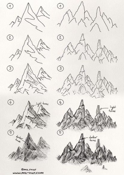 How To Draw Mountains, Drawing Mountains, Landscape Drawing Tutorial, Mountain Sketch, Lights And Shadows, Free Drawing, Mountain Drawing, Mountain Illustration, Painting Courses