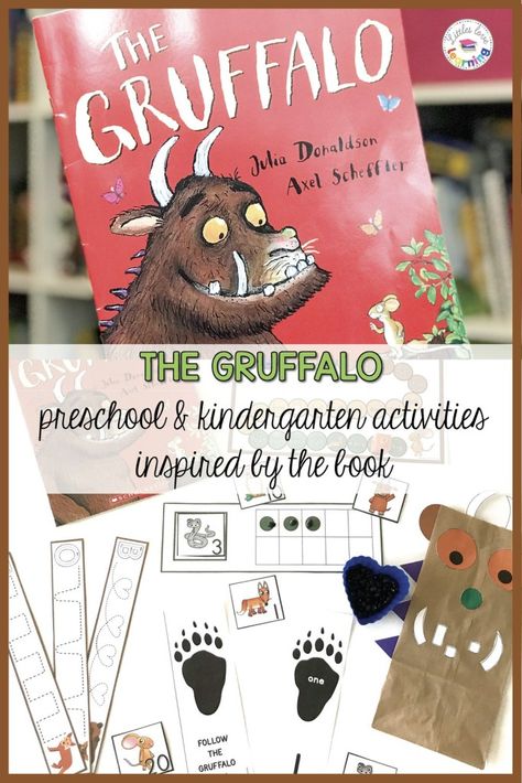 The Gruffalo Activities for Preschool, Pre-K, & Kindergarten: These hands-on learning activities are designed to go with the book The Gruffalo by Julia Donaldson. Use them at home with your kids or in the classroom with students. Includes printable activities for literacy, math, fine motor, & gross motor. Also includes a craft idea, a snack idea, a journal writing page, & a link to a You Tube video. Kids of all ages (even toddlers) will have fun using these lesson plans. The Gruffalo Activities, Gruffalo Activities, Summer School Crafts, Halloween Literacy, Writing Page, Julia Donaldson, Activities For Preschool, The Gruffalo, Fall Preschool