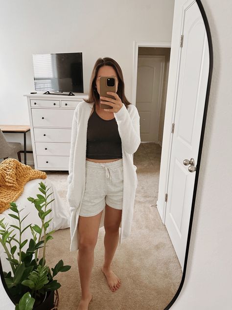 at home outfit, drawstring shorts, comfy shorts, summer outfit, summer style, white cardigan, cropped tank, casual summer outfit, summer mom outfit, bon fire outfit Bon Fire Outfit, Style White Cardigan, Casual Home Outfits, Shorts Summer Outfit, Bon Fire, Cozy Summer, Summer Night Outfit, At Home Outfits, Shorts Comfy