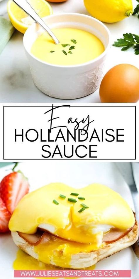 Easy Hollandaise Sauce made in a blender. This classic sauce is the perfect topping for Eggs Benedict, asparagus, poached eggs and bacon Eggless Hollandaise Sauce, Quick Hollandaise Sauce, Sauce For Eggs, Easy Poached Eggs, Blender Hollandaise, Easy Hollandaise, Easy Hollandaise Sauce, Homemade Hollandaise Sauce, Beginner Cook