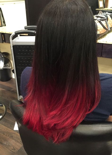 Spice Up Your Hair: Gorgeous Red Highlights Dark Hair With Red Ends, Red Tip Dyed Hair, Short Hair With Layers Hair Color, Red Hair Color Tips, Black Fading Into Red Hair, Red Hair Bottom Half, Black On Top Red On Bottom Hair, Black Hair With Red Tips Dip Dyed, Black Hair With Colored Ends