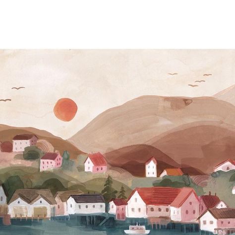 Kass Reich on Instagram: "Fishing village in the mountains 🏔 sort of obsessed with these warm neutrals rn 🙌🏼 art print available in my shop #illustration #warmneutrals #gouache #fishingvillage #mountainscapes #kassreich" Kass Reich, Fishing Village Fantasy Art, Fantasy Fishing Town, Autumn Cabin Illustration, Fishing Town Concept Art, Fishing Village Illustration, Shop Illustration, Fishing Villages, In The Mountains