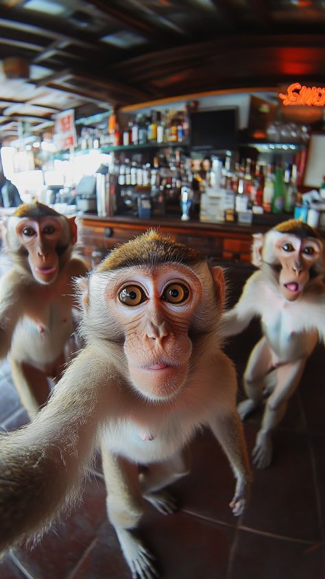 📸🐒 Get ready for some monkey business! This adorable family of monkeys is having a blast taking selfies at the bar! 🎉 With one cheeky little guy up close to the camera and the fisheye lens capturing all the fun, who knew these playful primates could be such great photobombers? 😂🍹 Join in on the laughter and grab a drink with this wild crew! 🐒🍻 #MonkeySelfies #BarFun #FamilyVibes #FisheyeLens... Monkey Selfie, Selfie Party, Steampunk Robot, Fisheye Lens, Fish Eye Lens, Monkey Business, Taking Selfies, Primates, Having A Blast