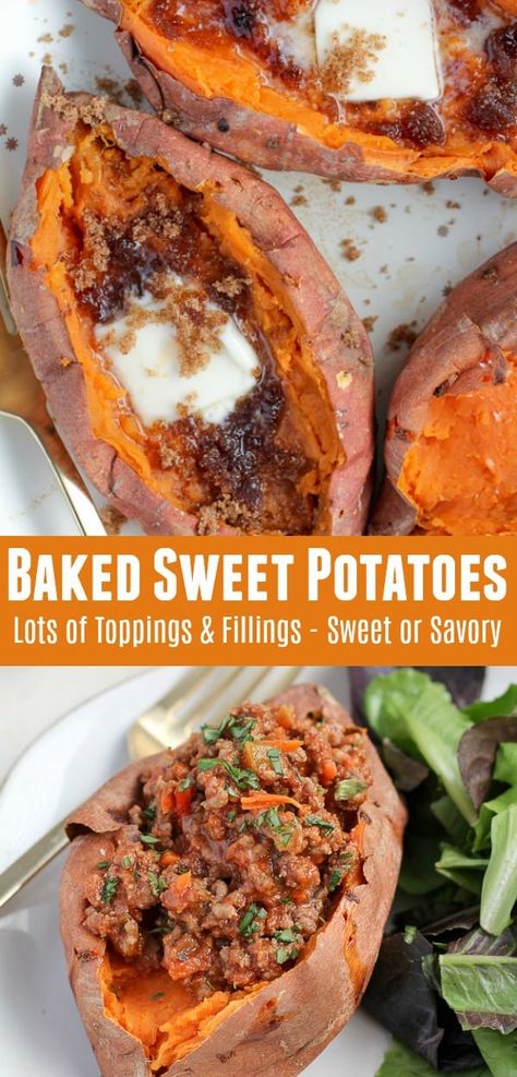 BAKED SWEET POTATOES - Fluffy, slightly sweet, and loaded with nutrients. Check out all the filling/topping combinations! #sweetpotatoes #sweetpotato #bakedpotato #loadedbakedpotato Baked Sweet Potato Toppings Savory, What To Put On Sweet Potatoes, Baked Sweet Potato Loaded, Baked Sweet Potatoes Toppings, Loaded Baked Sweet Potato Oven, Sweet Potato Toppings Savory, Baked Sweet Potato Bar Toppings, Sweet Baked Potato Recipes, Sweet Potatoes Toppings