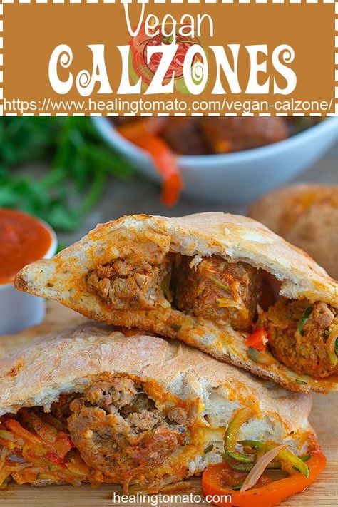 Vegan Calzones made with Gardein's meatballs in a bell pepper marinara sauce #healingtomato #calzones #vegan #comfortfood #dinner #familymeals Homemade Calzone Recipe, Vegan Calzone, Homemade Calzone, Diet Lunch, Meatless Meatballs, Calzone Recipe, Vegetarian Comfort Food, Farmers Market Recipes, Keto Lunch