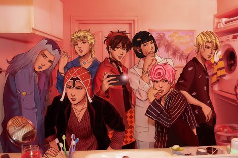 aka Team Bucciarati being fashion nerds and taking a huge mirror selfie (bonus points if you see the reference that's, well, beneath the jojo reference) – drawn by @luphorics. YOU CAN SAVE, BUT PLEASE DO NOT REPOST. Team Bucciarati, Bucci Gang, Huge Mirror, Jojo Reference, The Golden, Take That, Mirror Selfie, Map, Mirror