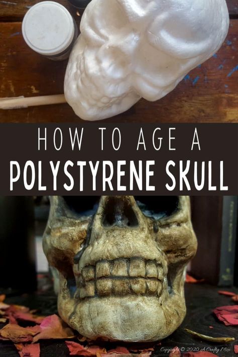 How To Age A Skeleton, Plastic Skull Makeover, Halloween Skulls Diy, Halloween Styrofoam Crafts, Foam Skull Diy, Foam Skull Crafts, Styrofoam Skull Ideas, Skull Topiary Diy, Styrofoam Skull Crafts