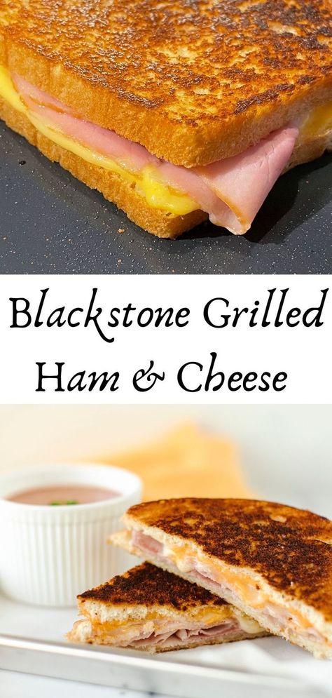 Top Photo: A grilled ham and cheese cooking on a Blackstone Griddle.  Bottom Photo: A grilled ham and cheese cut in half and stacked on a plate with a side of creamy tomato soup. Blackstone Grill Cheese, Grilled Cheese On Blackstone, Blackstone Grilled Cheese, Sandwiches On Blackstone, Griddle Hibachi, Grilled Ham And Cheese Sandwich, Basic Grilled Cheese, Ham And Cheese Sandwiches, Outdoor Griddle Recipes