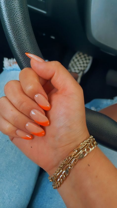 Acrylic Nails With Orange Tips, Orange Prom Dress Makeup, Orange Prom Dress Nails, Nails For Orange Prom Dress, Prom Nails For Orange Dress, Neon Orange Tip Nails, Prom Nails Orange Dress, White Nails With Orange Tips, Nails For Orange Dress