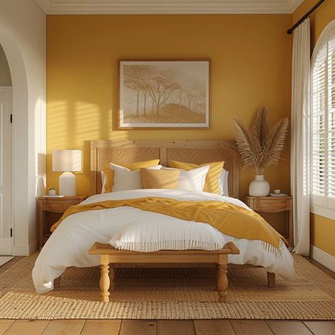 Create a Cozy Sanctuary with Warm Wall Colours for Bedrooms • 333+ Images • [ArtFacade] Ocre Color Palette Bedroom, Ochre Color Palette Bedrooms, Bright Room Colors Bedrooms, Bright Yellow Bedroom Ideas, Golden Wall Color, Mustard Color Bedroom Ideas, Golden Yellow Bedroom, Yellow Accent Wall Bedroom, Room Ideas Yellow Walls