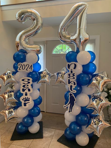 Senior Night Backdrop Ideas, Volleyball Senior Night Balloons, Volleyball Balloon Columns, Water Polo Decorations, Senior Night Decorations Soccer, Senior Night Gym Decorations Volleyball, Senior Night Balloon Arch, Volleyball Balloon Arch, Senior Night Decorations Volleyball