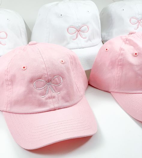 Preppy Hats, Sailor Moon Crafts, Light Pink Hat, Preppy Hat, Shrek Birthday, White Baseball Hat, Monogram Jacket, Bow Aesthetic, Bow Embroidery