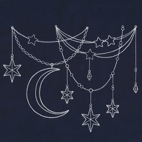 Celestial Drape | Urban Threads: Unique and Awesome Embroidery Designs Moon With Dangling Stars Tattoo, Witchy Star Tattoo, Lace Moon Tattoo, Moon Constellation Tattoo, Star Sternum Tattoo, Moon And Stars Drawing, Tattoo Moon And Sun, Moon Sternum Tattoo, Moon And Sun Design