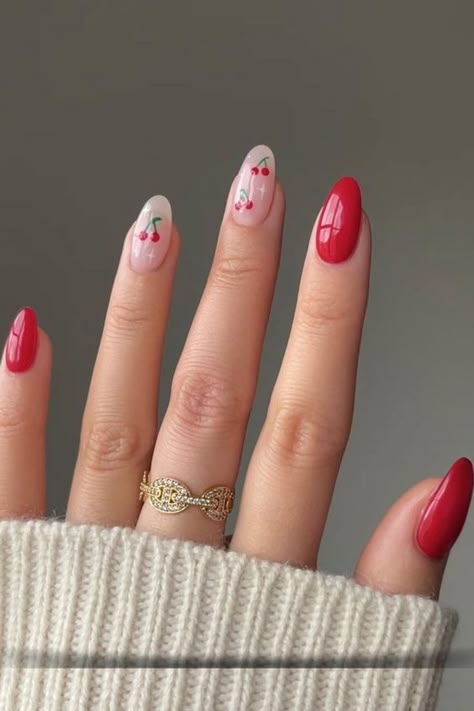 Cherry Summer Nails, Bright Red Nail Designs, Simple Cherry Nails, Classic Summer Nails, Summer Red Nails, Valentine Nail Ideas, Clear Glitter Nails, Red Summer Nails, Short Red Nails