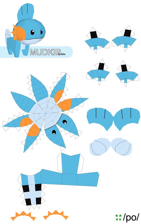 Mudkip Easy Pokemon, Papercraft Pokemon, 3d Pokemon, Pokemon Diy, Paper Toys Template, 3d Paper Art, Instruções Origami, Pokemon Craft, Pokemon Birthday Party