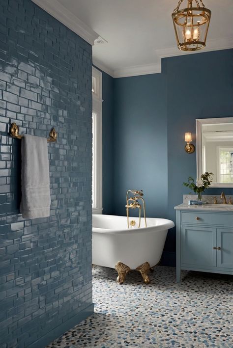 paint color match, home paint colors, primer paint for walls, designer wall paint Deep Blue Bathroom Walls, Restroom Paint Colors, Smokey Blue Bathroom, Good Colors For Bathroom Walls, Dark Blue Painted Bathroom, Bathroom Inspiration Blue, Small Blue Bathroom Ideas Paint, Bold Bathroom Paint Colors, Bathroom Walls Paint