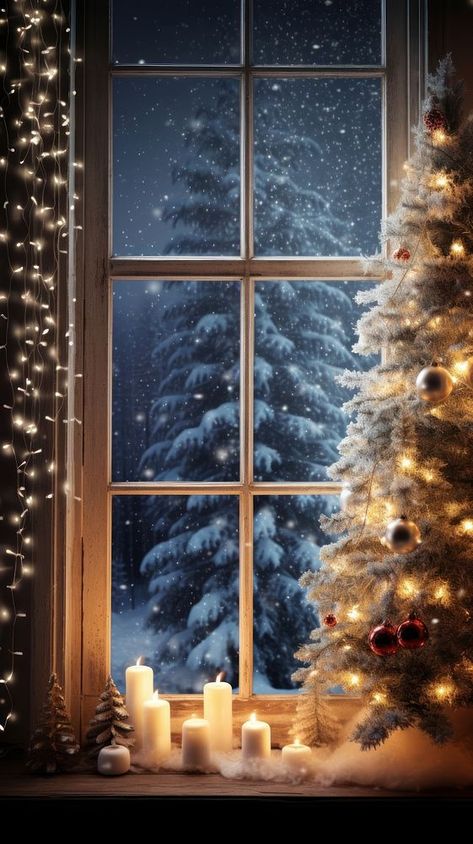 Window christmas plant tree.  | premium image by rawpixel.com / nattha Christmas Tree Through Window, Christmas Wallpaper Snow, Christmas Architecture, Iphone Christmas Wallpaper, Wallpaper Snow, Christmas Wallpaper Iphone, Snow Candles, Christmas Plant, Window Christmas